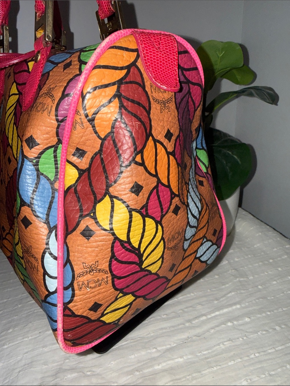 Preloved. Limited edition MCM Multicolor Rope-Print Leather Satchel - Pink Trim - Picture 5 of 16